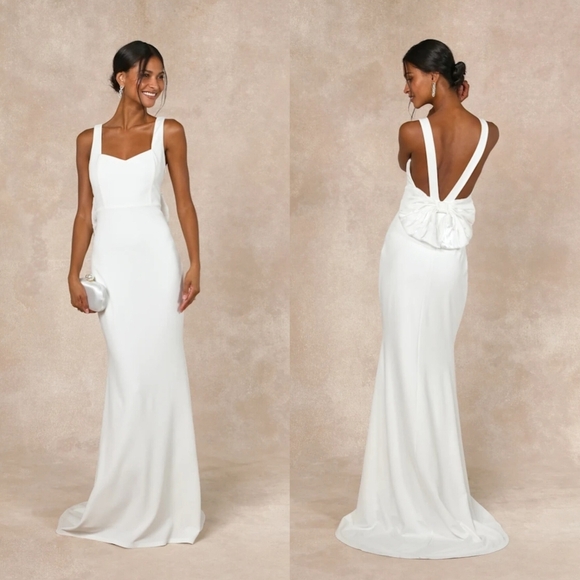 Lulus Romantic Glow White Backless Pearl Bow Maxi Dress M Wedding Bridal Party - Picture 1 of 10